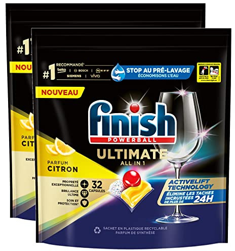 FINISH Lot de 2 Packs 32 Pastilles Lave-Vaisselle Powerball Ultimate Citron