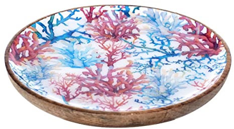 Plato Redondo Decorativo Multicolor de Madera Coral Adornos y Esculturas. Centros de Mesa. Regalos Originales. Decoración Hogar. 22 x 22 x 2,50 cm
