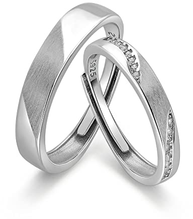 Meissa Alianzas 925 Anillos de Plata Pareja Anillos de Boda de Diamantes Delicado Anillo de Compromiso para Hombres y Mujeres Tamaño Ajustable, Juego de dos