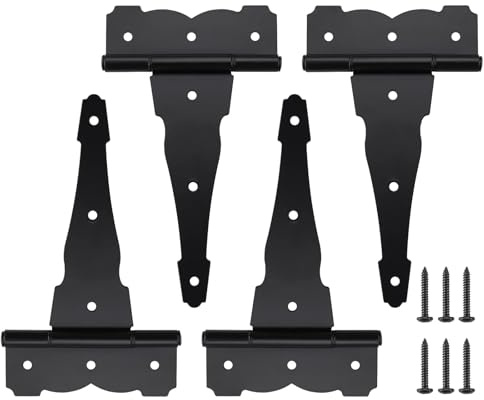 HOME MASTER HARDWARE 8 in Heavy Duty Decorative T Strap Hinge Rustproof Iron Black Gate Hinge,Tee Hinges for Storage Sheds, Gates Barns with Screws (4 Pack)