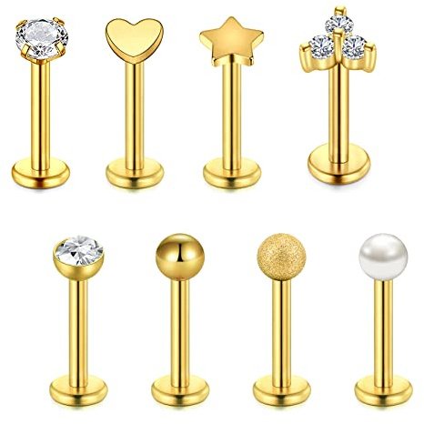 FECTAS 8pcs Oro Labio Barras de 8 mm de Labret Tacos de Acero Inoxidable 16G Monroe Medusa Helix Piercing de la Joyería de la Barra de
