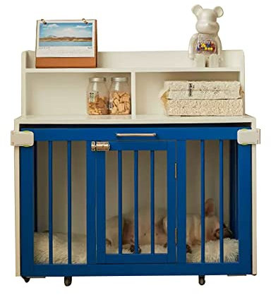 Möbel-Beistelltisch mit Tür, einziehbarer Platz, Hundehütte für den Innenbereich mit herausnehmbarem Tablett, großes Fassungsvermögen, 78,9 cm, Hundebox aus Holz, Blau