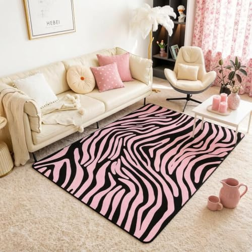 Loussiesd Teppich mit Zebrastreifen, 100x150 cm, Wildtier-Dekoration, Teppich, Matte für Wohnzimmer, Schlafzimmer, Dekoration, wilde Tiere, rutschfest, rosa, schwarz, gestreift, geometrisch, Läufer