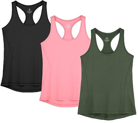 icyzone Damen Sporttop Yoga Tank Top Ringerrücken Sport Oberteil Laufen Fitness Funktions Shirt, 3er Pack (M, Solid Black/Pale Pink/Dark Green)
