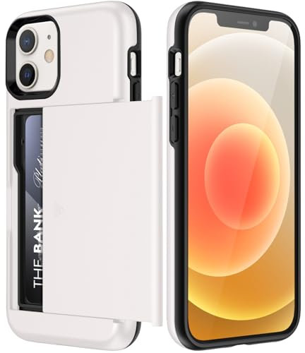 JETech Kartenfach Hülle für iPhone 12/12 Pro 6,1 Zoll mit Kartenhalter, Zweilagige Stoßfeste Schutzhülle, Verschiebbarer Versteckter Steckplatz (Weiß)