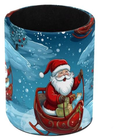 Schlitten Weihnachtsmann Happy Standing Pencil Case, Cute Round Pen Holder Pouch Pencil Bag Makeup Brush Boxes for School Students Office Women Teens Girls Boys