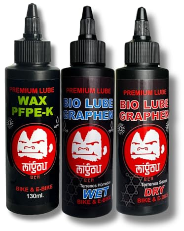 MIGOU BCN Kit Lubricantes Biodegradables Grafeno 130ml y Cera PFPE_K - Aceite Biodegradable Uso Mojado y Seco para Cadenas de Bicicletas (Kit Lubricante Aceite Mojado y Seco)