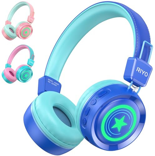 Casque Bluetooth sans Fil Enfant，riyo Casque Audio Enfant avec Lumières LED Bluetooth 5.0 Stéréo Ecouteurs Enfants Limite de Volume 94dB Réglable Pliable pour École/Voyage/PC/Tablet/Kindle
