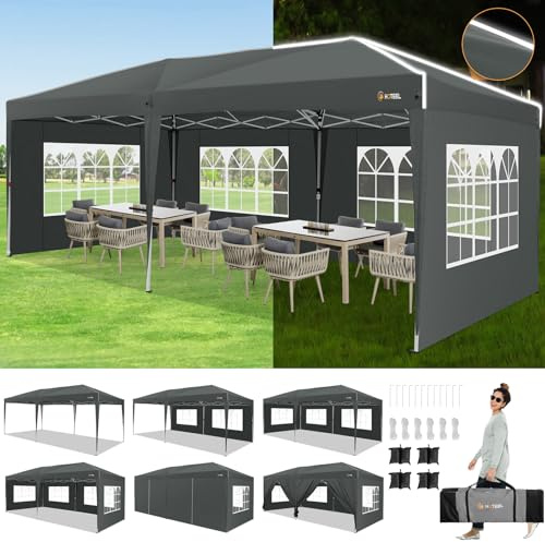 HOTEEL Gazebo 3 x 6 con fianchi laterali gazebo pieghevole 3 x 6 impermeabile stabile con borsa con ruote 4 sacchi di sabbia facile da installare per feste all'aperto giardino eventi grigio