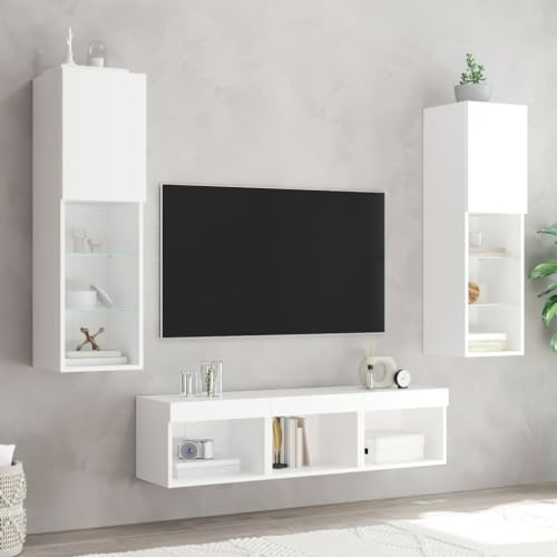 Gecheer 5-TLG.Wohnwand mit LED-Beleuchtung TV Wandschrank Wohnwand Anbauwand TV-Hängeschränke Schrankwand HiFi Schrank Hängeschrank Fernsehwand Fernsehschrank Wohnzimmer Weiß Holzwerkstoff, Glas
