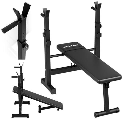 ATHLER Gorilla 70 | Verstellbar | Hantelbank | Flachbank Schrägbank | Multifunktion Trainingsbank | mit Ablage | Dip-Station | Klappbar | für Home Gym Ganzkörper-Workout | Belastung 200kg | Schwarz