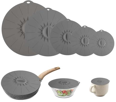 QUTHZZHY 5 PCS Coperchio Riutilizzabile in Silicone, Coperchi in Silicone Set, Coperchio Della Ciotola, per Ciotole, Tazze, Padelle e Forni a Microonde (Grigio)