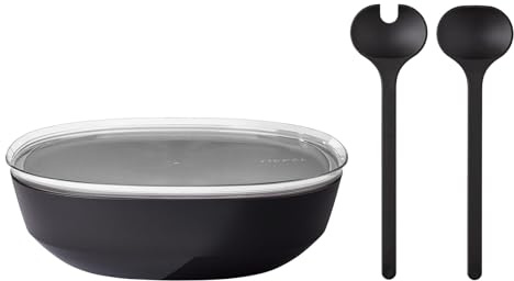 Mepal – Salat-Set Silueta – Servierschale mit Deckel (4000 ml) mit Salatbesteck (28,5 cm) – Outdoor-Serviergeschirr – Spülmaschinen- und mikrowellenfest – Kunststoff (PP, SAN, TPE) – Nordic Black