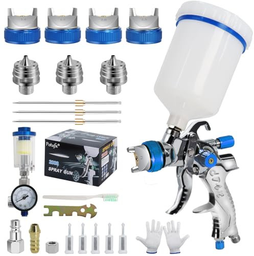 Potufa HVLP Pistola a spruzzo con 4 ugelli – 1,4 mm & 1,7 mm & 2,0 mm & 2,5 mm, pistola professionale per verniciatura ad aria compressa con bicchiere di plastica da 600 ml (blu)