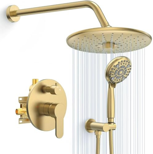 SWHC Duschsystem Gold, Unterputz Duscharmatur Set Multifunktional Duscharmatur Komplettset Wandmontage Dusche Regendusche Set Messing Duschgarnitur mit Regendusche 3 Modi, 6 Modi Handbrause