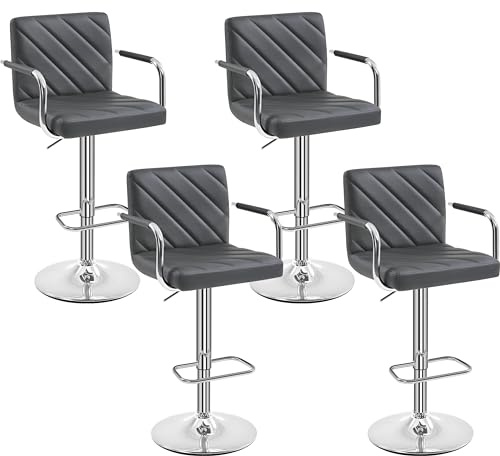 Yaheetech 4er Set Barhocker, Barstuhl höhenverstellbar, Kunstleder Gepolstert Tresenhocker 360° Drehstuhl, Küchenstuhl mit Armlehnen, Rückenlehne und Fußstütze, Grau