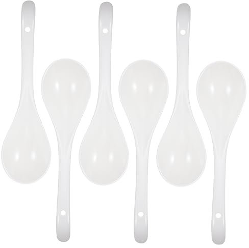 SHOWERORO Ceramic Soup Spoons and Kitchen Spoons White Porcelain 6pcs Set for Home Dining Restaurant Cooking Supplies