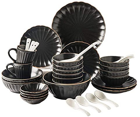 XFZJCHAP Service de Table, 35 pièces, Assiettes en céramique en Forme de pétale Noir, Bols combinés, Bol en Porcelaine, Plat, cuillère, Service de Table