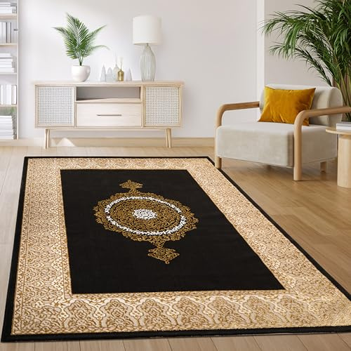 Paco Home Teppich Wohnzimmer Schlafzimmer Kurzflor Vintage Orientalisch Abstraktes Muster Modern Schwarz Gold, Grösse:160x220 cm