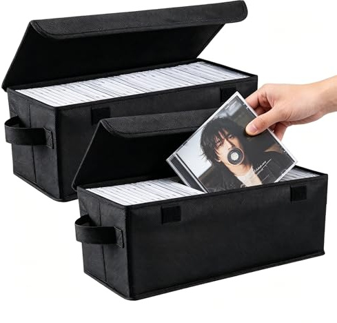 Aolawco CD-Aufbewahrungsboxen, 35,6 x 15,7 x 14 cm, CD-Hülle mit Deckel, CD-Etui, 35 CDs in vollen Schmuckhüllen, 70 CDs in schlanken Hüllen oder 180 Discs in CD-Hüllen, Schwarz, 2 Stück