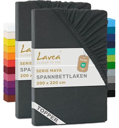 Lavea® 2er Pack Topper Spannbettlaken 200x220cm – Anthrazit | 100% Baumwolle Jersey – Für Topper bis 12 cm Höhe – Weich, Formstabil und Langlebig
