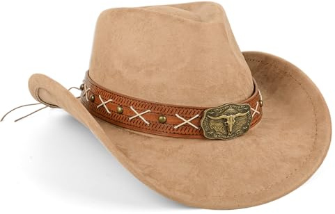 Cowboyhut für Männer und Frauen mit Metall-Bullenkopf und Wildleder-Look, atmungsaktives Polyester