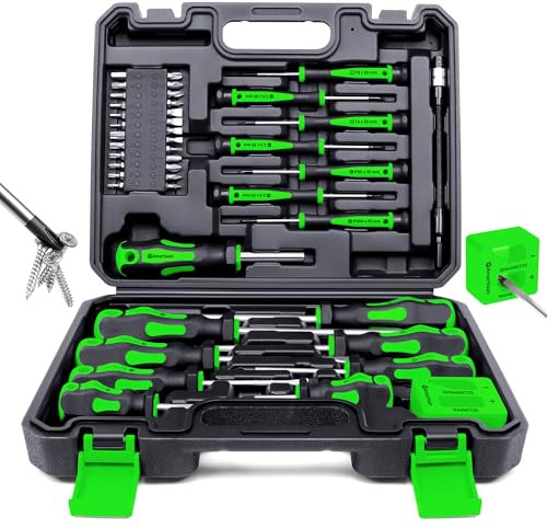 Magnetic Screwdrivers Set with Case, Amartisan 43-piece Includs Slotted, Phillips, Hex, Pozidriv,Torx and Precision Screwdriver Set, Magnetizer Demagnetizer Tools, Tools for Men (Green))
