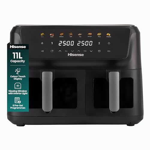 Hisense 11L Dual Zone Air Fryer - 2700W Energy-Saving Colour Touch Display Cooker with 8 Cooking Functions - Fries, Steak, Chicken, Grill, Fish, Shrimps, Pizza, Dehydrate, Black
