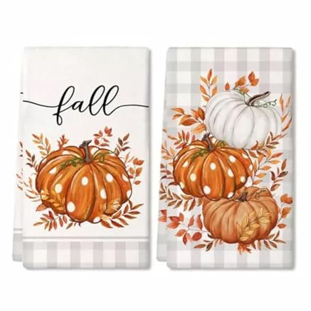 2Pcs Autumn Decorations Tea Towel,40*60CM Fall Decor Kitchen Towels | Eukalyptus Leaves Pumpkins Autumn Decor Dish Towel Multi-Purpose Fall Decoration Hand Towels for Kitchen Bar