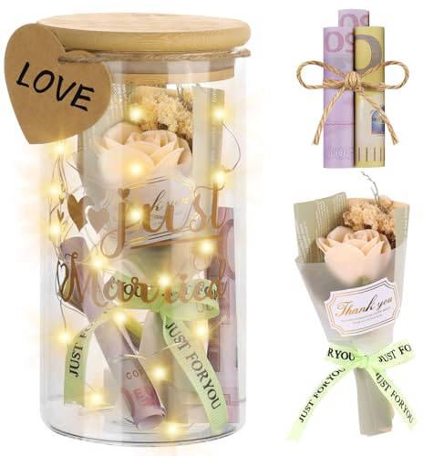 AUAUY LED Bottle Light Gifts, Wedding Gifts for Bride and Groom,Cylindrical | Glass Vessels with Dried Flowers and Heart Greeting Cards, Wedding Money Box Personalised for Freshly Lovers