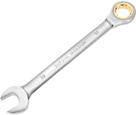 sourcing map Llave combinada de trinquete de 32 mm métrica de 12 puntos CR-V de acero cromado, doble caja, llaves de trinquete de extremo abierto con 72 dientes y herramienta de llave de engranaje