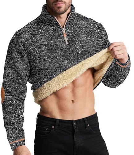 UHouse Herren Sweatshirt Gefüttert Winter Fleece Pullover mit Zip Dicke Sweatshirts Warm Arbeitspullover Stehkragen Winterpullover Freizeit Wollpullover Einfarbig Fleecepullover Pulli Dunkelgrau XL