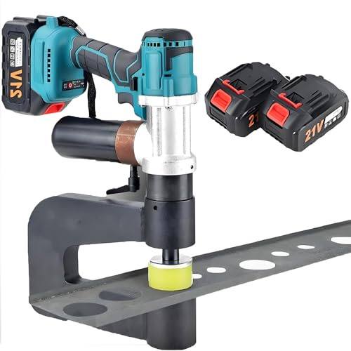 Nuxyyds Perforadora Hidráulica Eléctrica para Metal, Juego De Punzones Desforradores Inalámbricos con 6 Matrices (16-32 Mm), Garganta De 150 Mm, para Perforar Placas De Aluminio, Cobre Y Hierro