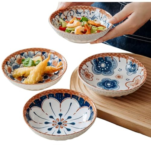 yaocoral Set of 4 10 OZ Ceramic Dessert Bowls Japanese 6 inch Serving Dishes Cute Shallow Bowls for Appetizer,Side Dishes,Sushi,Salad,Snack,Icecream,Fruit,Microwave Dishwasher Safe (brown cyan)
