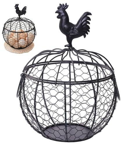Chicken Egg Basket with Handle, Famhouse Small Metal Egg Collecting Basket Vintage Style with Chicken Decorated Lid for Fruits, Vegetables, Flowers Black Holder