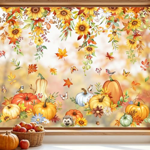 Tanlaby Fensterbilder Herbst Sonnenblumen Hängende Herbstblätter Kürbis | Blütenranken Fenstersticker Doppelseitig Statisch PVC für Glas Türen Herbstdeko Fenster Wohnzimmer Erntedankfest Thanksgiving