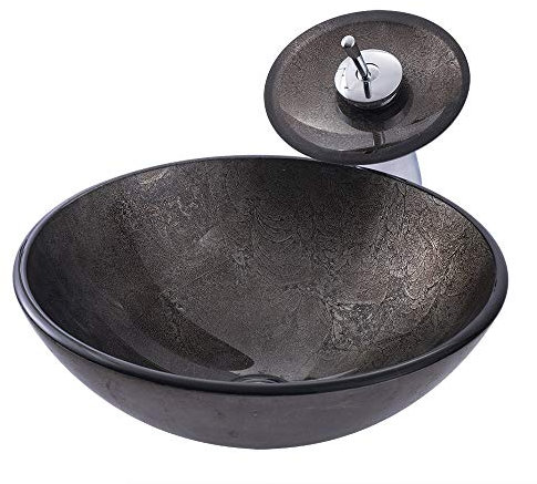 chicstyleme Tischwaschbecken D42*H14.5 cm Modernes Waschtisch Rundes Waschbecken Gehärtetes Glas Aufsatzwaschbecken mit Armatur Waschplätze für Badezimmer Küche Gäste WC,Sterngrau