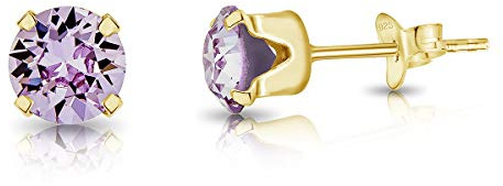 Orecchini Donna Argento 925 Placcato Oro 24K con Brillantino Violetto - Orecchini Viola a Lobo Brillanti e Colorati - Diametro 6 mm