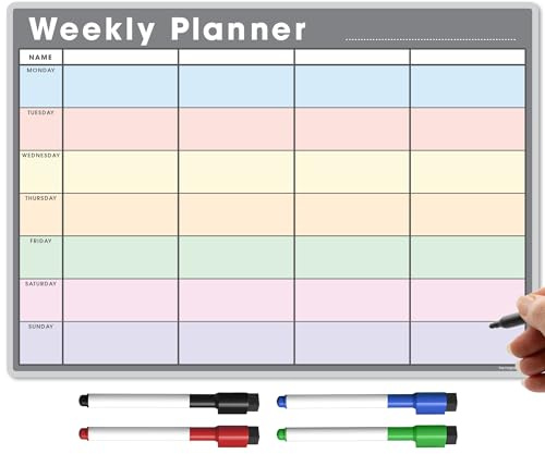 TMS A3 Magnetic Weekly Planner and Organiser | Fully Customisable Whiteboard for Family or Business Tasks and Meal Planning | with 4 Free Magnetic Dry Wipe Pen (Grey - Multi-Coloured, A3)