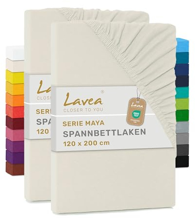 Lavea® Lot de 2 Draps-Housses 120x190/200 cm – Coton 100% Doux et Respirant – pour Matelas Épais Jusqu’à 20 cm – Jersey avec Élastique Tout Autour – Crème