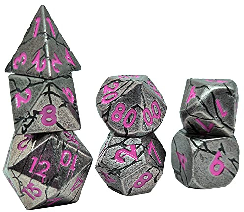 World of Dice Meteor-Serie - Pen and Paper Würfelset Metall, 7-teiliges Set, D4 bis D20, polyedrische Würfel, ideal für D&D, DSA, Cthulhu und mehr (ohne Etui, Silberfarben-pink)