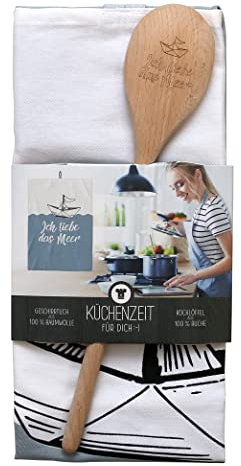 Dekohelden24 ***(13!!!) Geschenkset - Geschirrtuch aus 100% Baumwolle und Kochlöffel aus Buchenholz mit Spruch -, Motiv: Ich Liebe das Meer.