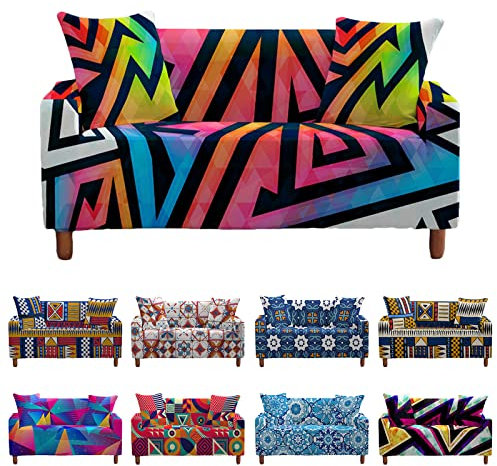 Mateju Sofabezug Stretch 1/2/3/4 Sitzer, Geometrie Antirutsch Sofaüberwürfe Ecksofa Spannbezug L Form Sofa Couchbezug Sesselbezug für Wohnzimmer Wohnkultur (Bunt abstrakt,3-Sitzer 190-230cm)