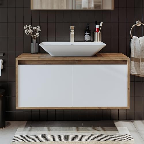 Roomart, Atlantic, armadietto da 100 cm con lavabo in ceramica, set di mobili da bagno, 4 pezzi, armadietto a specchio, armadio alto (rovere bianco)