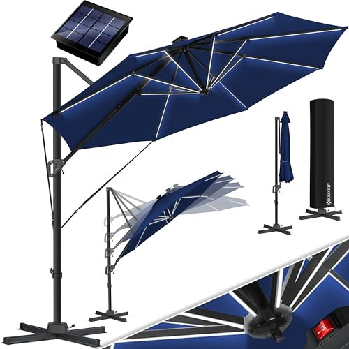 KESSER® Sonnenschirm Ampelschirm Sun Rund XL LED Solar Ø330 cm Inkl. Abdeckung, 7-Fach Verstellbar Neigbar Kippbar Groß 360° Drehbar Gartenschirm mit Kurbel Sonnenschutz UV50+ Navyblau