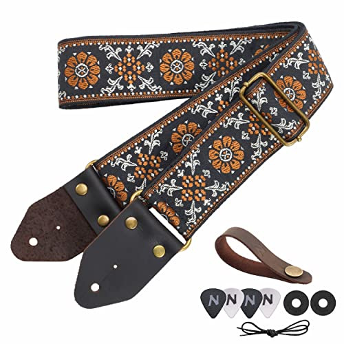Nefelibata Gitarrengurt, Jacquard-Stickerei Baumwolle Gitarrengurte mit Crazy Horse Leder Enden für Bass, elektrische & akustische, Geschenke für Kinder, Gitarristen