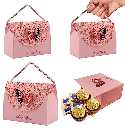 CCUCKY Candy Geschenkboxen 10 Stück mit tragbarem Griffseil, rosa Papier hohle Blumen Schmetterling Party-Geschenkbox für Hochzeit Geburtstag Weihnachtsfeier Dekoration