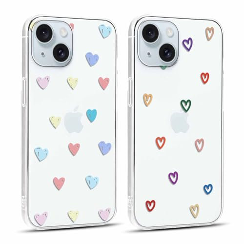 Yoedge 2 Stück Durchsichtig HandyHülle für Apple iPhone 15 Hülle Herz Muster 6,1, Transparent Handy Hülle für iPhone 15 Case 3D Liebe Love Aesthetic Mädchen Frauen Geschenk Schutzhülle Cover-Herzen