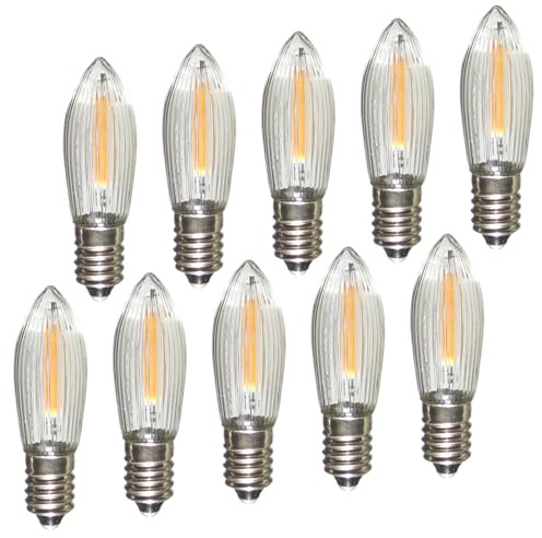 Erzgebirgslicht - AUSWAHL - 10 Stück LED Filament Topkerze 14-55 V 0,1 W für INNEN, für 4-16 Brennstellen E10 Riffelkerze Ersatzbirne Glühbirne Glühlämpchen für Lichterketten Pyramide Schwibbogen