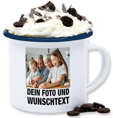 Emaille Tasse Blechtasse - Mit Foto I Eigenem Bild I Text I Name I Wunschtext - 300 ml - Weiß Blau - mugs with your own photos bildtasse selbst drucken photo tassen personalisierte trinktasse